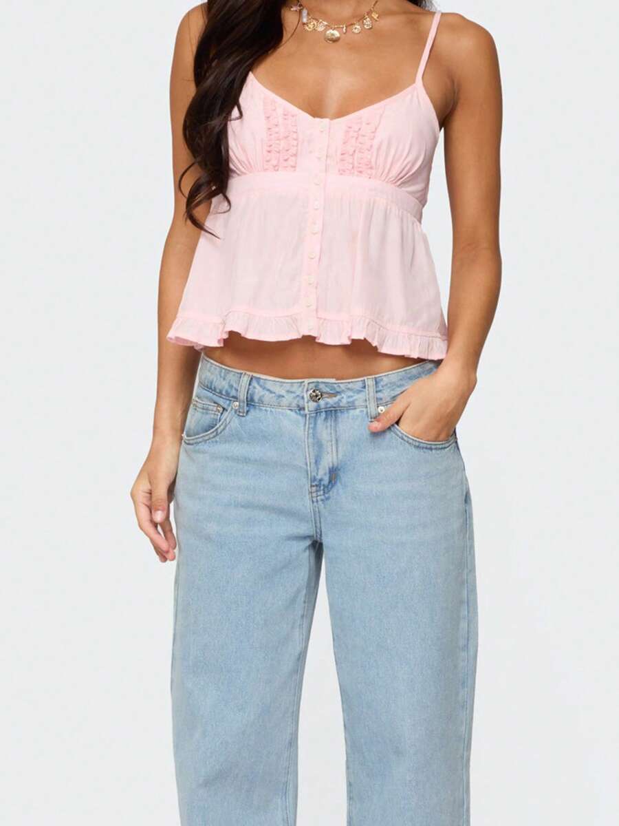 Women V Neck Y2k Babydoll Top Fairy Camisole Summer Ruffle Hem Tanks Cute Sleeveless Going Out Camis Shirt - 粉色 - 查看 1