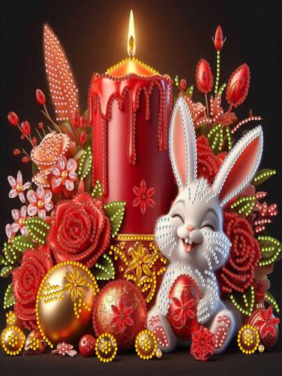 5D DIY Diamant Malerei Set - Kerzen & Kaninchen Muster, asymmetrisch geformte Diamanten, hochwertige Leinwand, kreatives Mosaik Handwerk geeignet für Anfänger, perfekte Schlafzimmer Dekoration (Ungerahmt) 30x30cm/11,8x11,8 Zoll