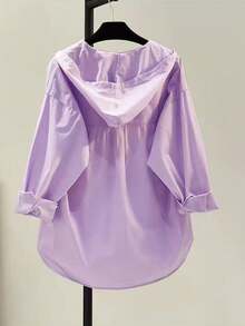 Women's Purple Long Sleeve Hooded Button-Up Shirt With Drawstring, Asymmetric Hem Design, Polyester Fabric - Purple - View 2