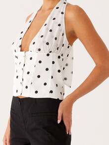 Women's Halter Neck Tank Tops Sleeveless Floral/Dots Print/Solid Color Slim Fit Button Down Tops Shirts - 白色 - 查看 4