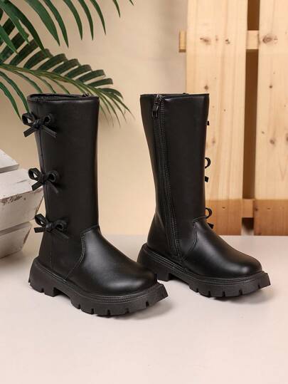 1 Pair Toddler Girls' Soft & Comfortable PU Leather Butterfly Decor Side Zipper Round Toe Warm Lining High-Top Boots, Suitable For 3-15 Years Old Girls, Daily, Vacation, School, Autumn/Winter