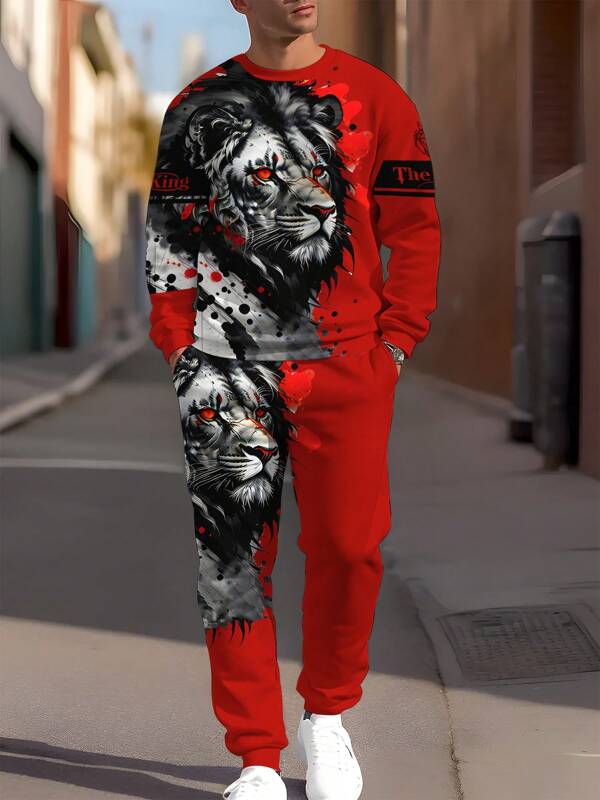 Conjunto de sudadera con cuello redondo con estampado de león para hombre, adecuado para primavera y otoño, con estampado de letras, casual, deportivo, de manga larga, apropiado para actividades al aire libre y ejercicio, sudadera roja