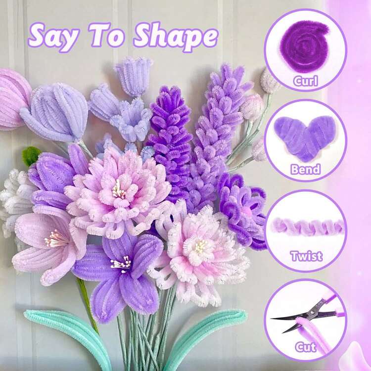 パイプクリーナーセット 紫色 250/500個入り、太いシェニールステム アート&クラフト用、動物、花、お祝いの装飾作りに最適、花用パイプクリーナー、クラフト用品キット、アートプロジェクト活動のアイデア - パープル - 見る 4