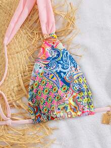 PEPPERMOLLY 全新柔软可调节肩带印花系带优雅派对比基尼套装，夏季海滩时尚女士比基尼 - 淺粉 - 查看 4