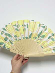 1pc Lemon Print Folding Fan, Spanish Wooden Fan, Portable Folding Fabric Lemon Bamboo Fan, Theme Party Decor Hand Fan, For Vacation/Theme Party, Bridal Shower, Wedding, Bridesmaid Gift, Halloween Costume Woman Accessories - Multicolor - View 5