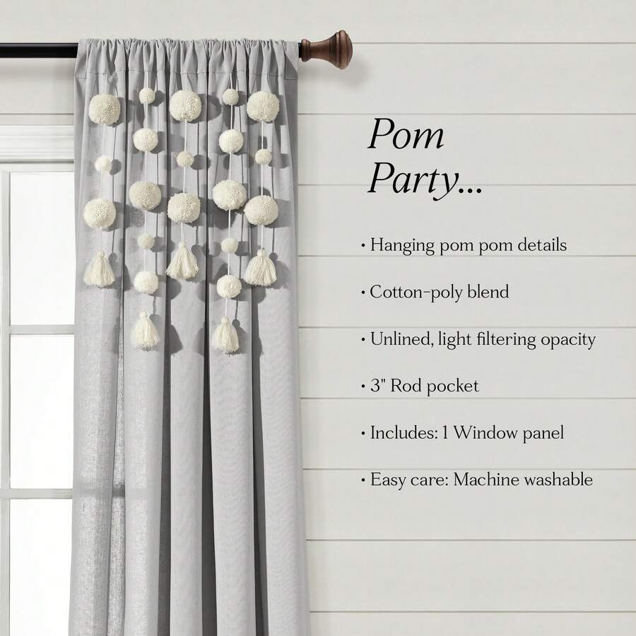 LUSH DECOR Boho Pom Pom Tassel Linen Window Curtain Panel Navy Single 52X84 Halloween-Fall Decor-Room Decor - Light Gray - 查看 1