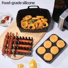 1 套优质矩形空气炸锅硅胶配件 - 培根和热狗架、6 杯蛋糕模具、空气炸锅托盘 - 耐热、易于清洁、可用洗碗机清洗
