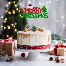 1Pc Merry Christmas Cake Topper Red And Green Glitter Cake Decorations Christmas Theme New Year Holiday Birthday Party Cake Decorations Supplies - Multicolor - View 5