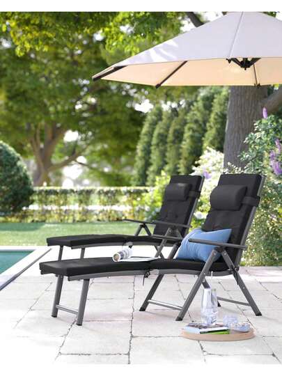 Foldable Sun Lounger, Sunbed With 6 Cm Mattress, Removable Headrest, Rustproof Aluminium, Breathable, Comfortable, Reclinable, Max. Load Capacity 150 Kg, Black