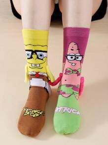 SPONGEBOB 1/2 Pair Cute Cartoon SpongeBob Magnetic Couple/Best Friends Mid-Calf Socks, Fashionable Daily Casual Wear & Date Outfit
