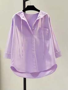 Women's Purple Long Sleeve Hooded Button-Up Shirt With Drawstring, Asymmetric Hem Design, Polyester Fabric - Purple - View 4