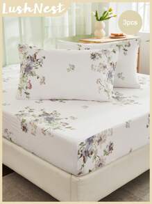 3pcs/set Flower Print Fitted Sheet Set Without Filler, Back to school season,Modern Fitted Sheet Set