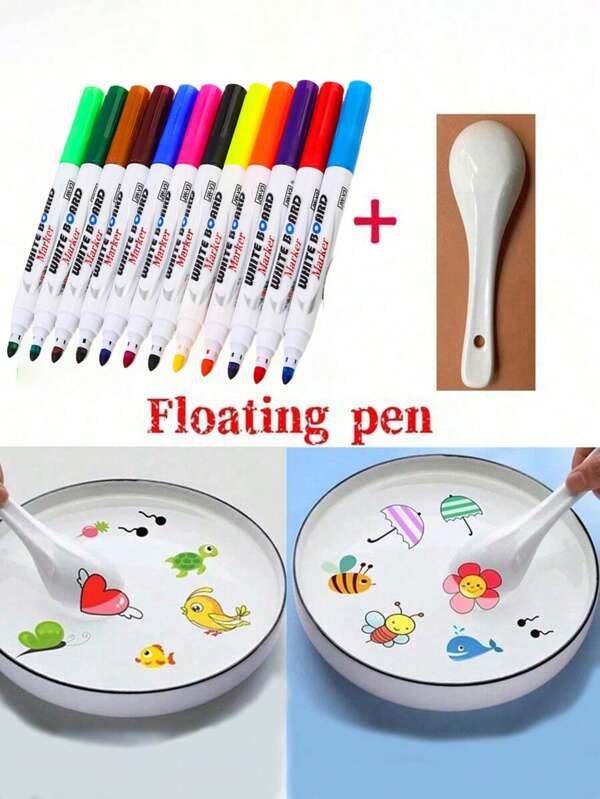 8/12/24pcs Magical Water Painting Pen With Spoon, Magic Water Drawing Pens With Floating Ink, 12 Colors Maker Pens Doodle Tools , Floating Marker Pens, Erasable Washable DIY Imagine, Colored Pencils For Painting, School Supplies, Back To School, Christmas, Halloween(Some Colors Random)