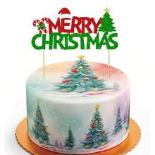 1Pc Merry Christmas Cake Topper Red And Green Glitter Cake Decorations Christmas Theme New Year Holiday Birthday Party Cake Decorations Supplies - Multicolor - View 2