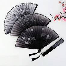 1/3 chiếc Quạt gấp bằng tre phong cách Trung Hoa và Nhật Bản thanh lịch cổ điển có tua rua - Quạt cầm tay mùa hè di động, thích hợp cho đám cưới, tiệc tùng, quà tặng cho bạn thân, quà tặng trở lại trường, làm mát mùa hè và trang trí nhà cửa, thiết kế đen trắng với họa tiết hoa, phụ kiện tiệc | Quạt trang trí | Quạt nhẹ. - Nhiều màu - Xem 1