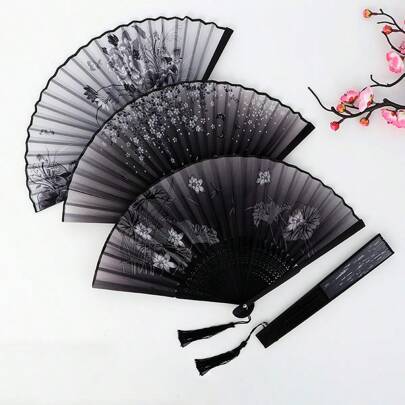1pc/3pcs Elegant Vintage Chinese And Japanese Style Bamboo Folding Fans With Tassels - Portable Handheld Summer Fans, Suitable For Weddings, Parties, Gifts For Best Friends, Back-To-School Gifts, Summer Cooling, And Home Decoration, Black And White Design With Floral Embellishments, Party Accessories | Decorative Fans | Lightweight Fans.