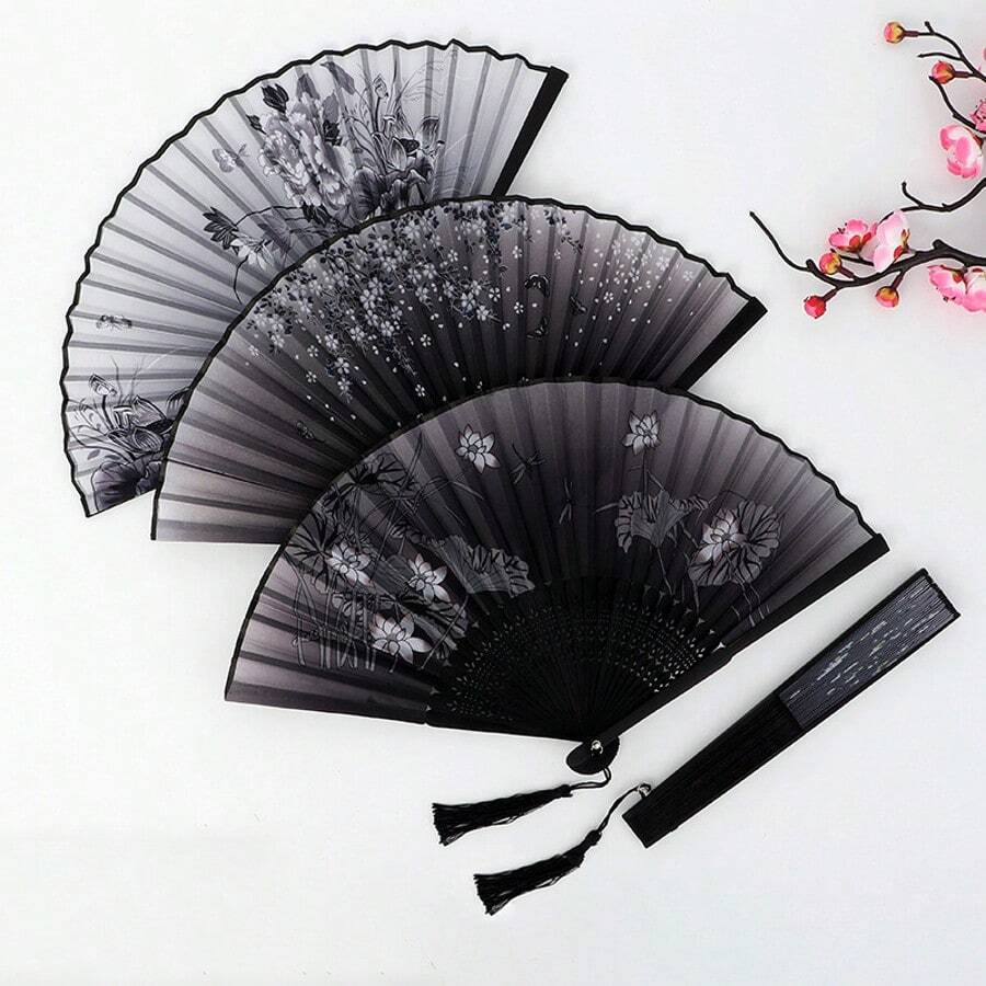 1 peça/3 peças elegantes leques dobráveis de bambu estilo chinês e japonês com borlas - leques portáteis de verão, adequados para casamentos, festas, presentes para melhores amigos, presentes de volta às aulas, refrescantes para o verão e decoração de casa, design em preto e branco com enfeites florais, acessórios para festas | Leques decorativos | Leques leves. - Multicolorido - Ver 1