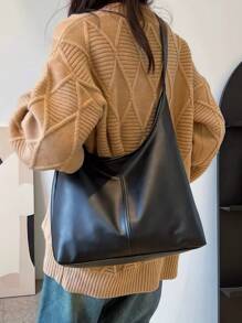 新款大容量纯色PU皮革女士休闲多功能单肩/腋下/手提水桶包，休闲经典百搭，日常通勤时尚个性包，适合日常搭配、简单拍照、购物、约会、郊游、旅行、海边、沙滩等场合，便携易用，适合女生、女大学生，也非常适合办公室、大学、初中、高中、工作等场合。