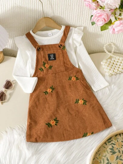 Set de 2 piezas de ropa para niñas pequeñas: Blusa de manga larga + Vestido peto con estampado floral, para otoño/invierno