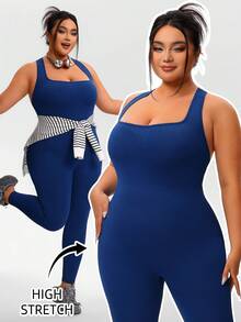 Plus Size Women Seamless High Elasticity Workout Jumpsuit, Criss-Cross Backless Sexy Spaghetti Strap, Outdoor Fitness Yoga Suit, Solid Color, Slim Fit, Daily Wear - Navy Blue - View 7