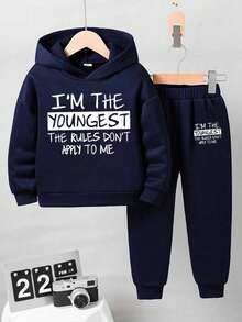 幼儿字母印花保暖连帽衫和裤子套装 - 寶藍色 - 查看 1