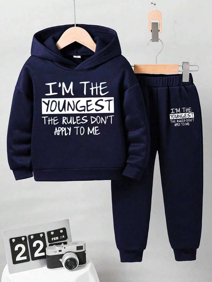 幼儿字母印花保暖连帽衫和裤子套装 - 寶藍色 - 查看 1