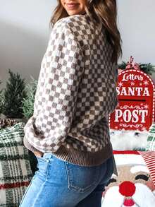 Acelitt 女士棕色棋盘格图案撞色罗纹宽松立领毛衣，冬季 - 彩色 - 查看 2