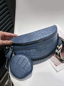 2 件复古女士鳄鱼压纹胸包带零钱包，斜挎包腰包单肩包多功能轻便便携式拉链封口可调节肩带适用于日常通勤包适合旅行度假商务超市节日运动户外工作购物通勤礼物送给朋友纯色 PU 皮革时尚链条装饰休闲朋克时髦酷炫适合学生闺蜜和女性白领旅行配件