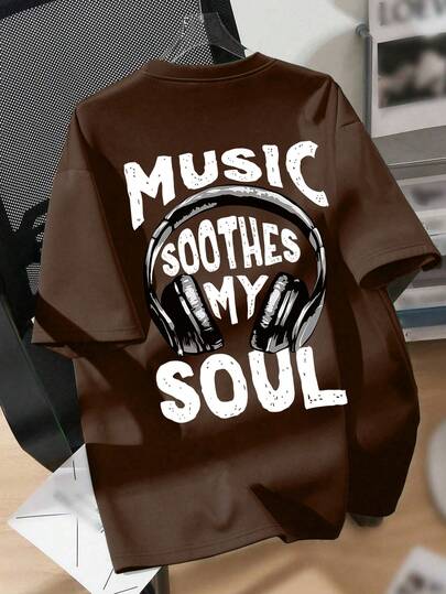 Camiseta de manga corta con cuello redondo y estampado de auriculares de artista musical, estilo casual y elegante para niños, nueva colección de verano