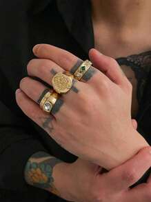 4-Piece Set Asymmetrical Diamond Decor Vintage Geometric Design Fashion Rings