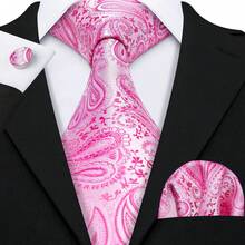 Barry.Wang-Conjunto de gemelos cuadrados de bolsillo para hombre, corbata Floral de Jacquard, color rosa, Coral, melocotón, seda, para boda, de negocios UKCU - N-0228 - Ver 10
