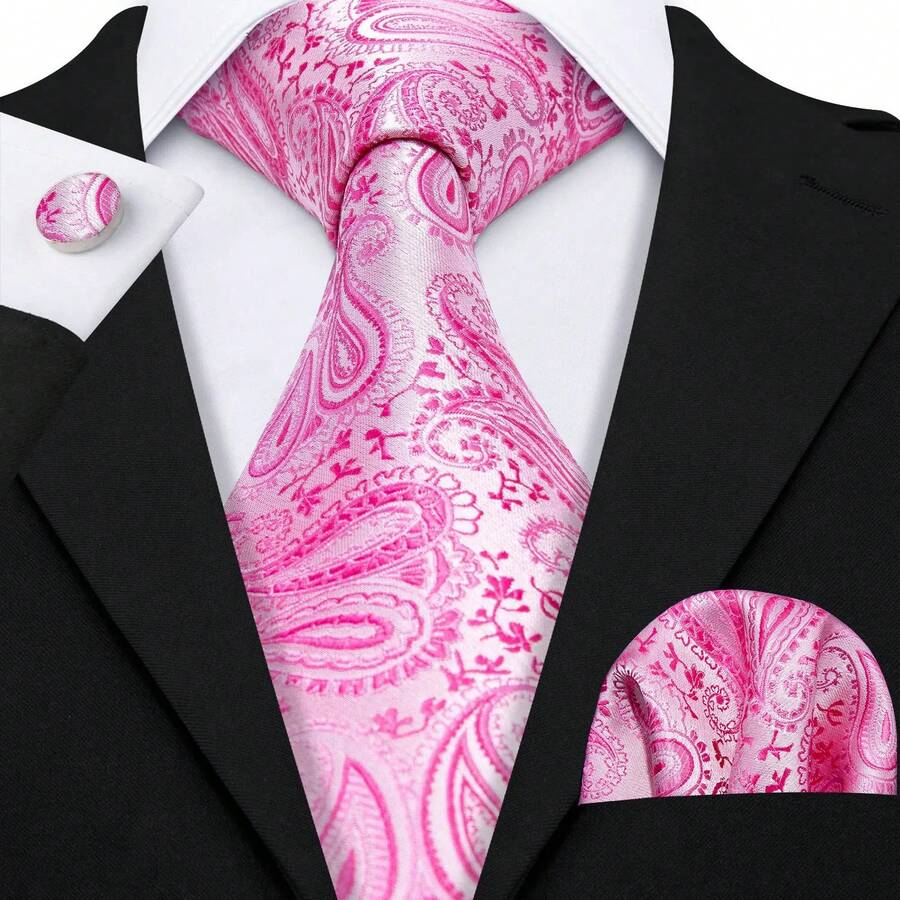 Barry.Wang-Conjunto de gemelos cuadrados de bolsillo para hombre, corbata Floral de Jacquard, color rosa, Coral, melocotón, seda, para boda, de negocios UKCU - N-0379 - Ver 1