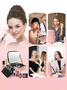 1pc Black/Pink Travel Makeup Bag With Mirror Large Capacity Cosmetic Storage Box Travel Portable Makeup Bag Case With LED Light Mirror Makeup Accessories For Travel Storage Bag,Makeup Bag,Cosmetic Bag,Vacation Organizer,Large Capacity Makeup Organizer Makeup Case, For Lipstick, Brush, Skincare, Mobile Phone, Coin, Small Items, For Home,Gift,Vacation And Festival Halloween Christmas Multifunctional Use,Boho Vibes