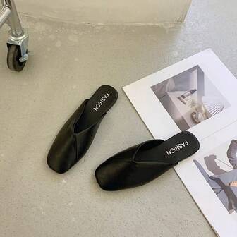 Svarta muleskor för dam, elegant design med fyrkantig tå, moderiktiga och bekväma platta sandaler, slutna slip-on-skor, lämpliga för inomhus- och utomhusbruk, året runt, ovandel i konstläder, mjuk och bekväm, yttersula i gummi, slitstark och halkfri, grossist- och detaljhandel