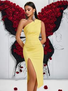 ADYCE 1pc Women Solid Color Pleated One Shoulder Front Slit Ball Gown, Party Dress Elegant Cocktail Semi Formal Prom Wedding Guest Dress, For Birthday,Dinner Formal Dresses, Homecoming Summer,Graduation Dress