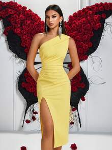 ADYCE 1pc Women Solid Color Pleated One Shoulder Front Slit Ball Gown, Party Dress Elegant Cocktail Semi Formal Prom Wedding Guest Dress, For Birthday,Dinner Formal Dresses, Homecoming Summer,Graduation Dress