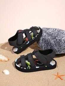 1双儿童男童可爱恐龙图案泡沫拖鞋，时尚百搭设计，适合日常穿着，可调节，轻便透气，防滑凉鞋 - 黑色 - 查看 4