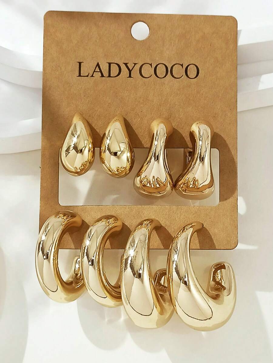 LADYCOCO Bộ 4 đôi bông tai hình giọt nước thanh lịch hình chữ C, phù hợp cho trang phục hàng ngày của phụ nữ, hẹn hò, tiệc tùng, bộ trang sức tông vàng
