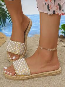 女式仿亚麻绳底闪亮珍珠水钻露趾拖鞋，舒适轻便的一脚蹬拖鞋，适合搭配连衣裙，度假风格凉鞋，适合夏季日常穿着，沙滩，金色 - 金色鱷魚紋 - 查看 5