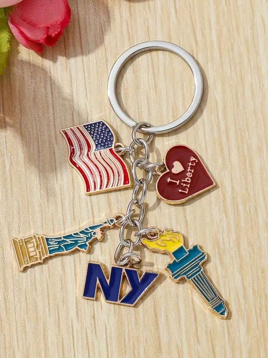 1 pieza Llavero con bandera estadounidense patriótica y dije de la Estatua de la Libertad - Llavero de coche y colgante de bolso, adecuado para el Día de la Independencia, accesorios de ropa urbana, decoración del Día de la Independencia - Blanco y Negro - Ver 1