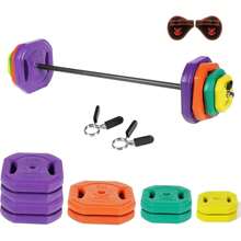 Juego de pesas con barra larga y discos, juego para desarrollo muscular con 8 discos de colores, 1 barra de acero, 2 seguros de seguridad