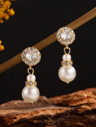 2pcs Fashion Pearl & Cubic Zirconia Decor Earrings