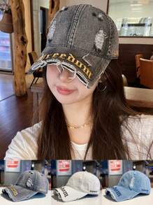 Back-To-School Season Star Same Style Fashion Retro Broken Hole Cool Embroidery Letter Baseball Cap Big Head Circumference American Cap Young Couple Fashion Street Curved Brim Hat Blocking Ultraviolet Sunshade Hat Outdoor Sports Wear Retro European And American Style Unisex Couple Baseball Cap