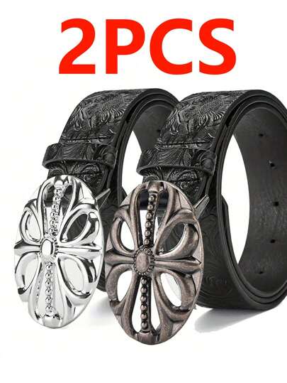 2pcs Bohemian Style Black Faux Leather Belts With Vintage Oval Hollow Buckle - Versatile, Suitable For Dresses, Casual Wear, Autumn, Halloween, Autumn/Winter Accessory, Suitable For Teens, Young Adults, Men, Casual, Outdoor, Sports, Vacation, Graduation Gift, Birthday Gift, Daily Wear
