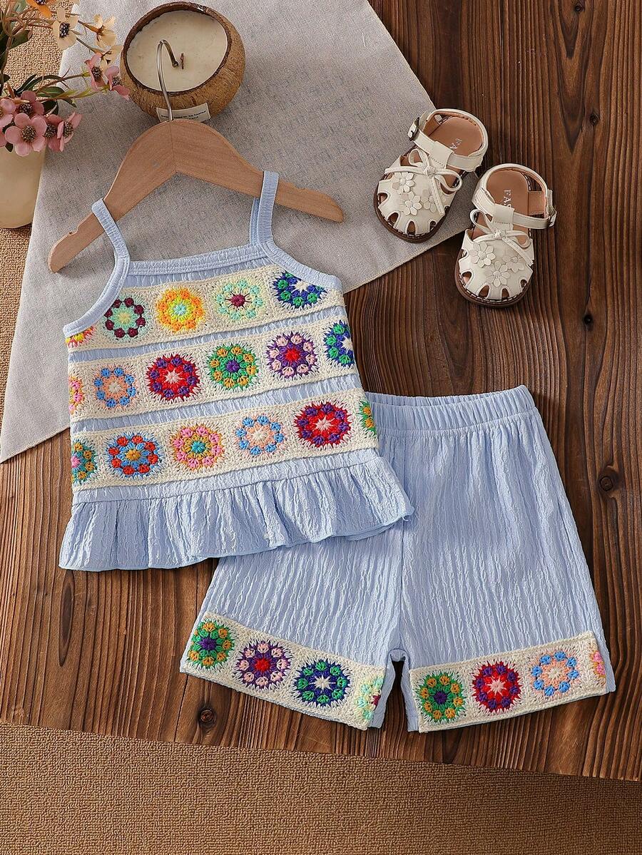 Baby Girl Bohemian Vacation Casual Multicolor Floral Trim Contrast Texture Sleeveless Top And Ruffle Trim Shorts Set, Suitable For Vacation & Everyday Wear, Summer - Blue - View 1