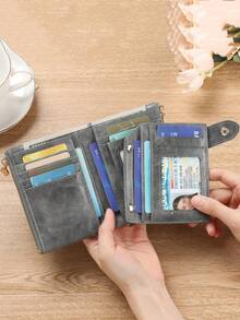 MIYIN Vintage Button Wallet, Business Casual Style, Multi-Card Slots, Coin Pouch, Compact Tri-Fold Design, Short Wallet, Retro Zipper Wallet, Fashion Button Closure, Women's Daily Travel & Shopping Wallet, Women's Wallet, Compact Wallet - Grey - View 3
