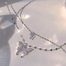 1 Double Necklace With Butterfly Pendant | Sparkling Embellishment, Exquisite Chain Jewelry, Suitable For Daily And Party Wear, Retro Minimalist Style, Versatile Accessories, Exquisite Beaded Women's Model - 銀色 - 查看 2
