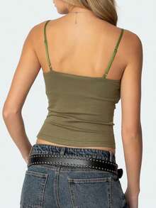 Women Y2k Cowl Neck Tank Top Low Cut Layered Bra Spaghetti Strap Cut Out Beaded Cami Shirt Summer Going Out Top - 軍綠色 - 查看 5