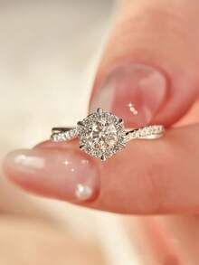 1 chiếc nhẫn đính hôn/cưới bằng đá Zirconia dành cho nữ, thời trang, sang trọng, lãng mạn, phong cách thanh lịch, thiết kế độc đáo, nhẫn hở có thể điều chỉnh tinh tế, quà tặng ngày lễ tình nhân - Bạc - Xem 1