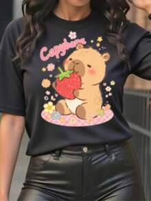 Playera estampada grafico capibara moderna primavera verano Letras  Casual diario casa - Negro - Ver 1